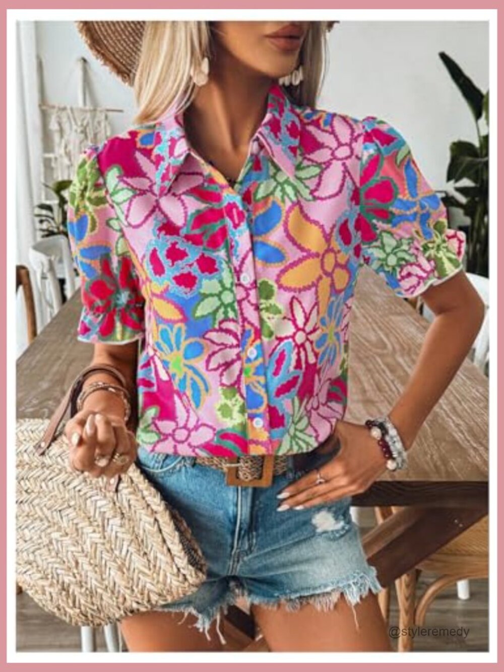 Floral Print Button Down Blouse Ruffle Short Puff Sleeve Boho Top - Picture 6 of 6